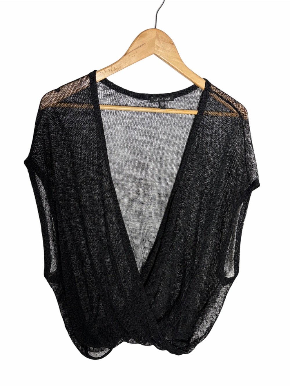 Eileen Fisher black linen deep v neck open weave wrap front blouse size XL